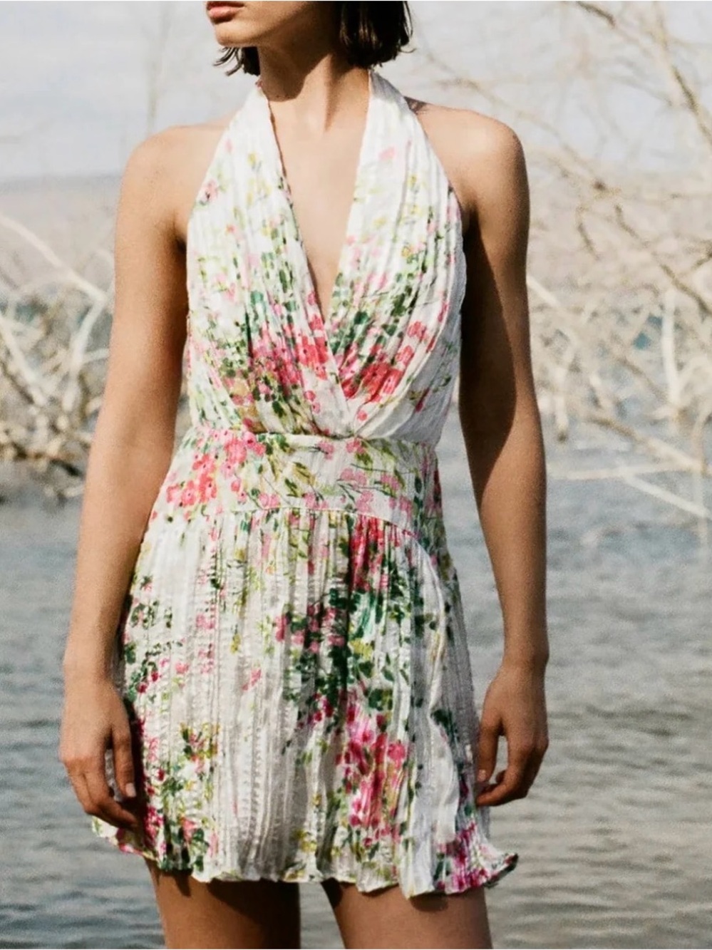Sabina Musayev White Floral Halter Dress with Pink & Green Accents